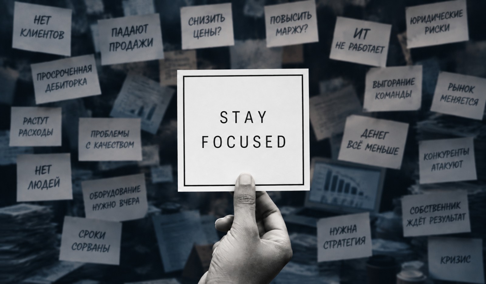 Рука держит лист с надписью Stay Focused на фоне десятков записок: нет клиентов, падают продажи, растут расходы, выгорание команды, сроки сорваны, нужна стратегия