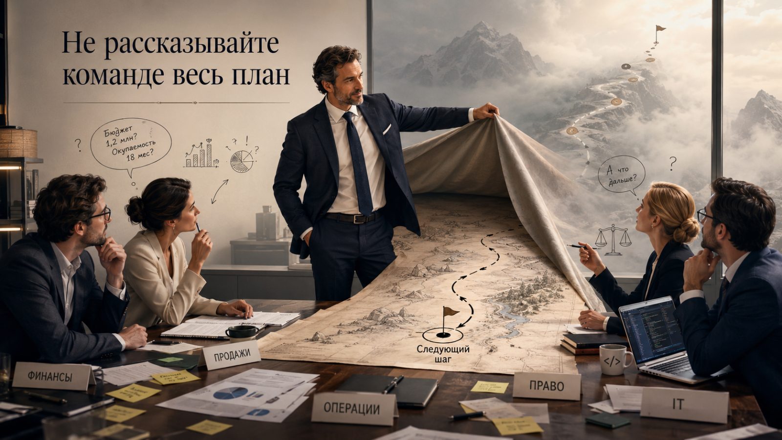 Собственник приподнимает угол огромной карты на столе переговоров, показывая команде только отметку «Следующий шаг»; за окном — маршрут, уходящий в туман
